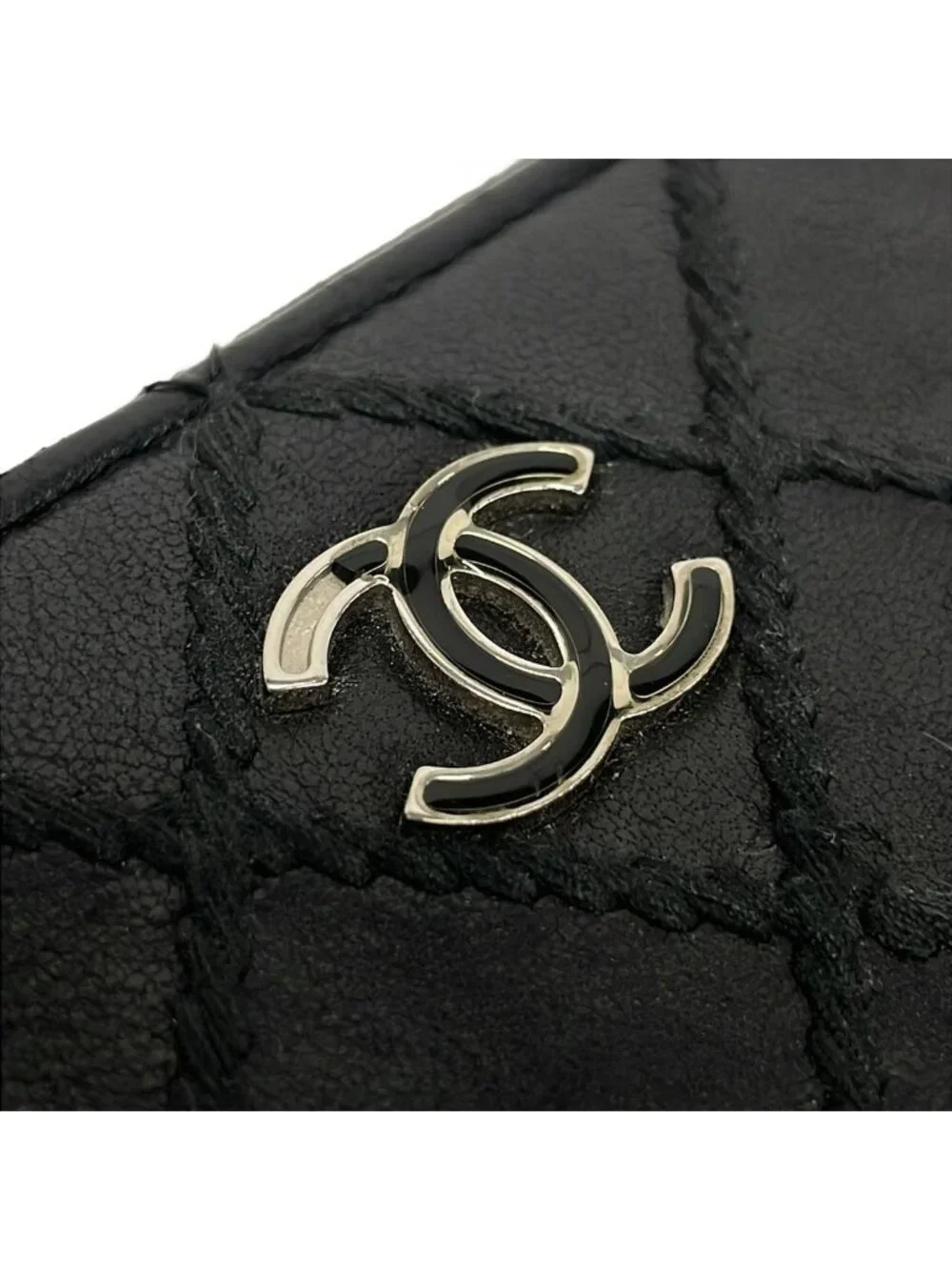 Chanel Wallet Wild Stitch Black Zip Around Silver Leather